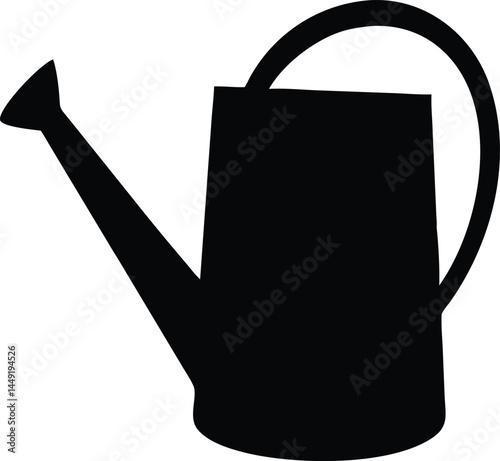 A solid black watering can with a curved handle stands isolated on white