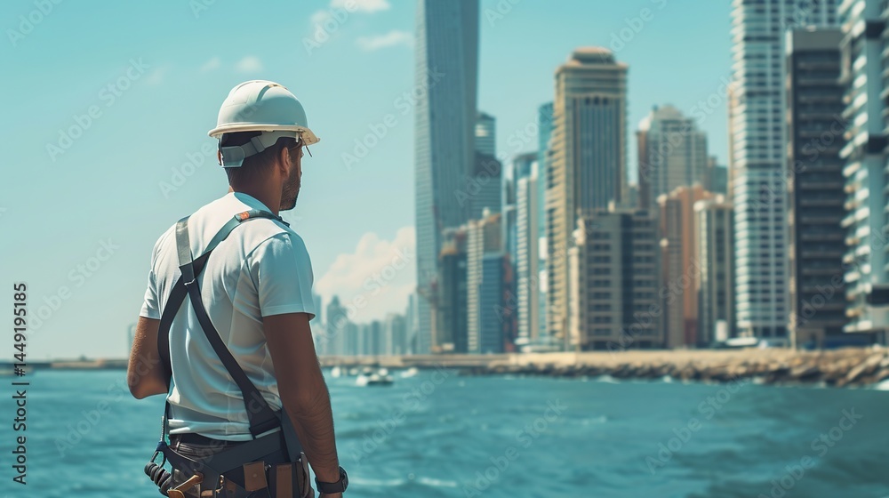 Obraz premium an engineer views the city from the top of a building
