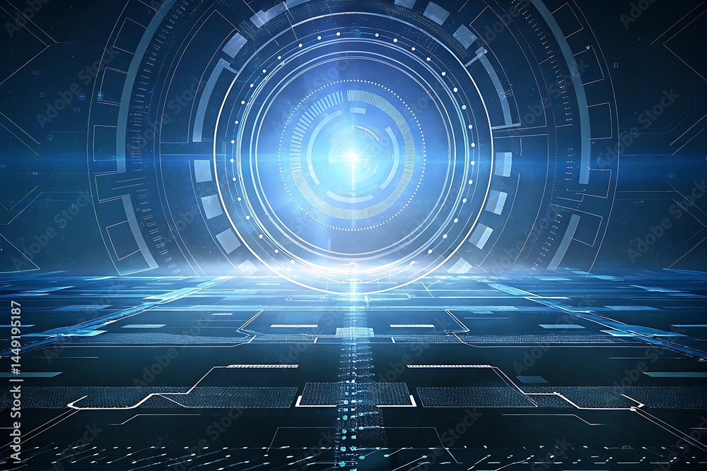 Abstract Futuristic Technology Background with Glowing Circular Interface Abstract Futuristic Technology Background with Glowing Circular Interface