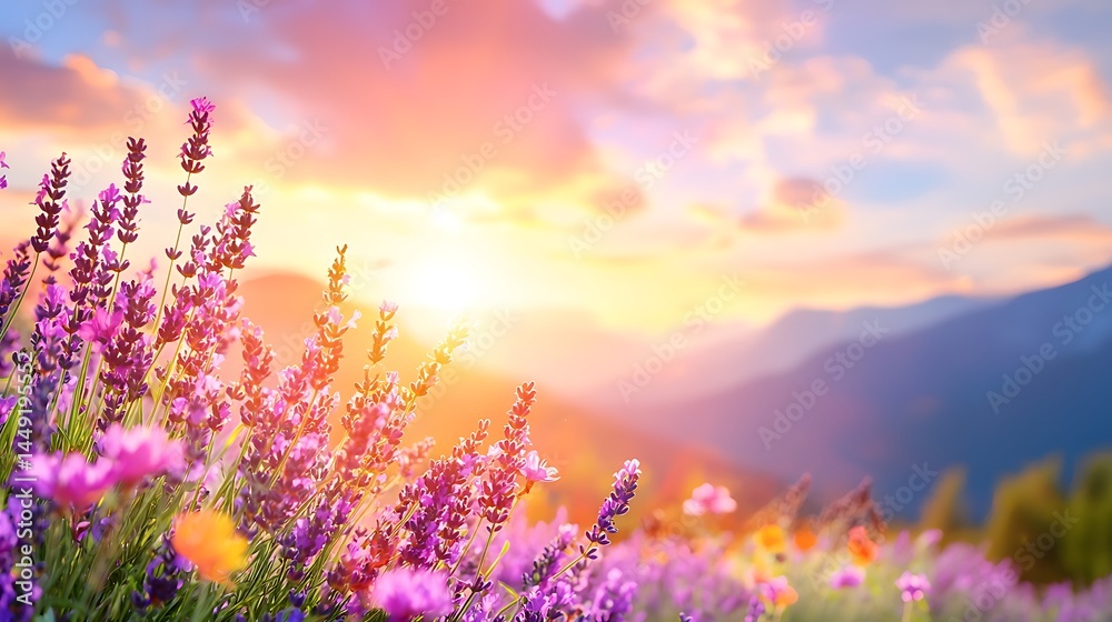 Naklejka premium Vibrant Lavender Field at Sunset on a Hilltop