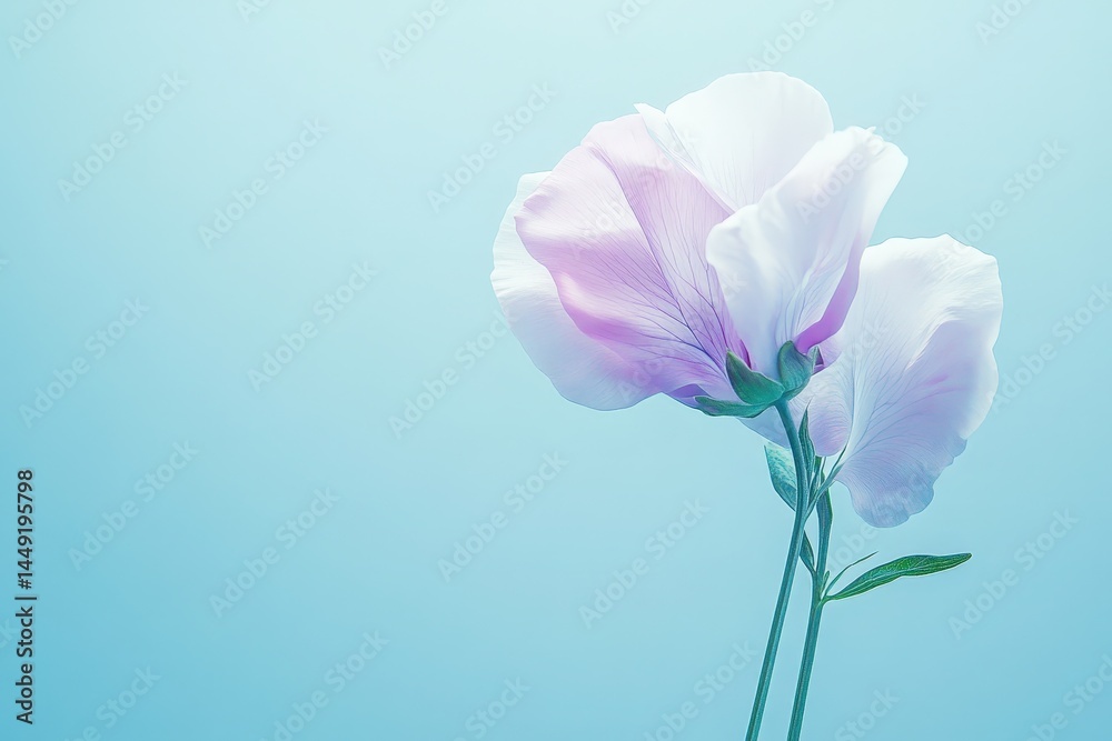 Fototapeta premium Delicate, pastel-toned flowers against a soft, light blue backdrop.