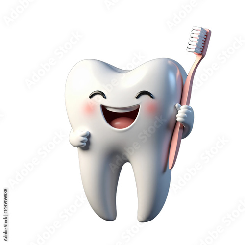 3d cartoon white teeth holding toothbrush with smiling face