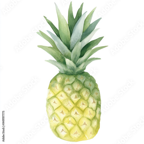 Watercolor pineapple illustration, vibrant green leaves and yellow rind.  Detailed rendering of fruit