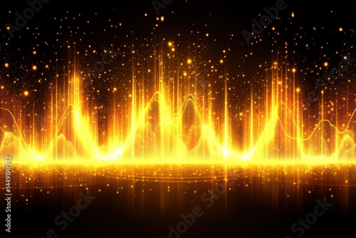 Abstract golden audio waves with shimmering particles  Vibrant, dynamic, and energetic display of sound  Particles and light effect creates a flowing, horizontal display