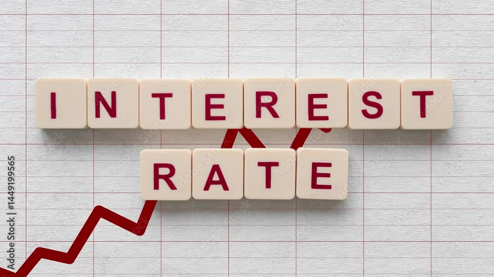 Red arrow going up on grid background with interest rate word on scrabble tiles Red arrow going up on grid background with interest rate word on scrabble tiles