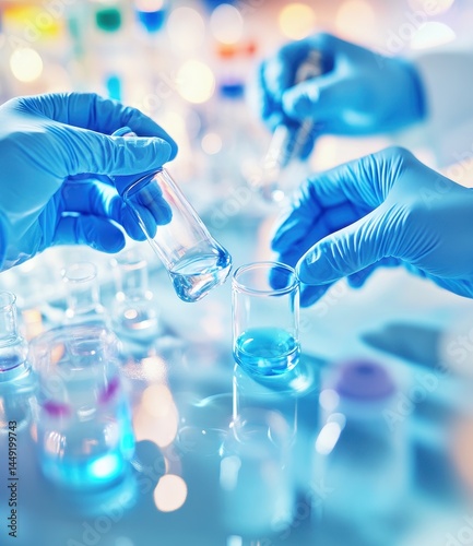 Scientists in lab coats and gloves conducting experiments with test tubes and solutions