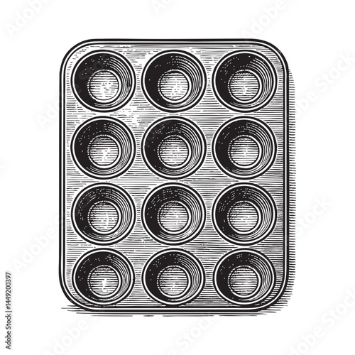 muffin tin tray woodcut engraving vector illustration