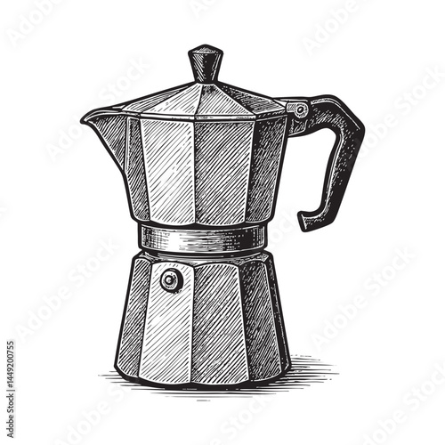 stovetop coffee percolator woodcut engraving vector illustration