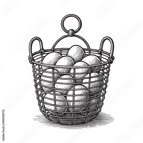 vintage egg basket woodcut engraving vector illustration
