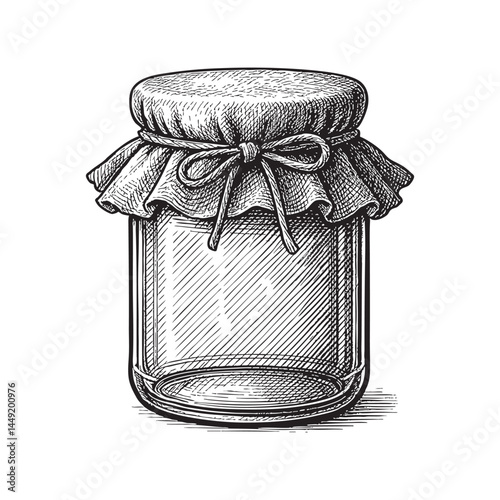 jam jar with fabric cover woodcut engraving vector illustration