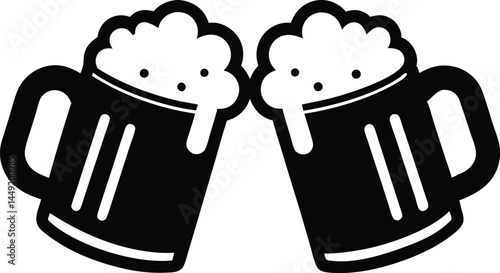 Beer mug silhouette vector, Two clinking beer mugs icon vector