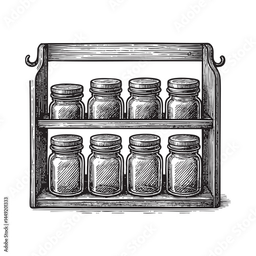 spice rack with jars woodcut engraving vector illustration