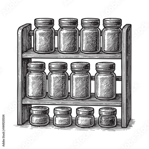 spice rack with jars woodcut engraving vector illustration