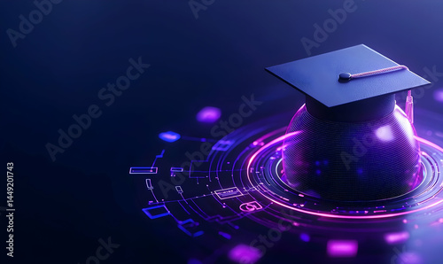 Graduation Cap with Digital Technology Background and Neon Lights