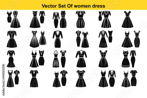 Vector set of Black and White women dress is isolated on white background. Casual, elegant and business cloths for women.