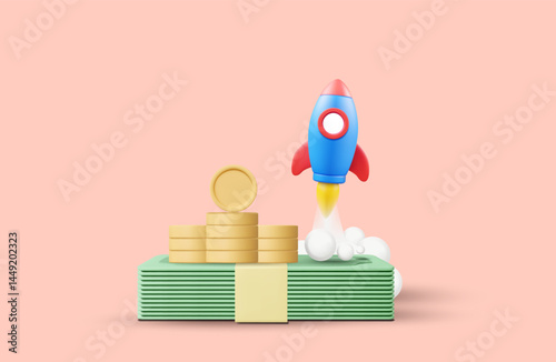 3D illustration vector render icon of stack of coins and banknotes and rocket rising. Concept of financial growth, income increase, investment success, profit boost, business finance.
