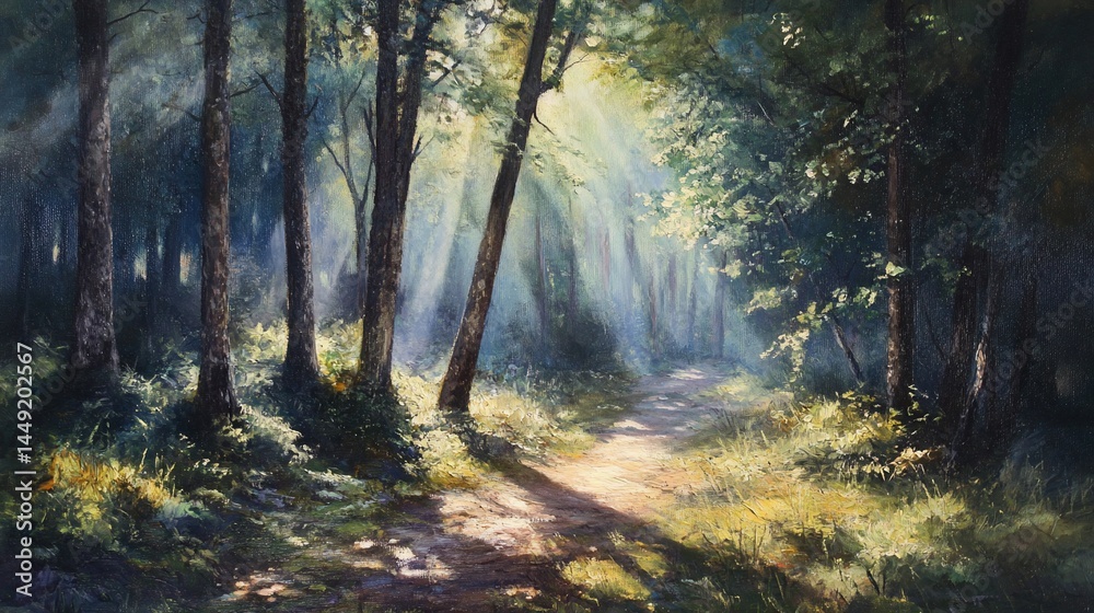 Naklejka premium Enchanting Forest Glade, A Serene Path Bathed in Golden Sunlight and Shadows
