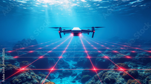 Underwater drones exploration with advanced technology mapping ocean floor and marine life