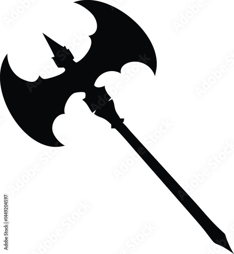 Isolated battle axe with a double bladed head and sharp spiked point shines menacingly