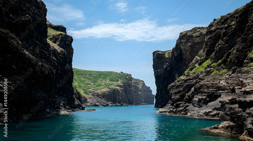 Naklejka premium Dark Volcanic Cliffs Meet Turquoise Waterway