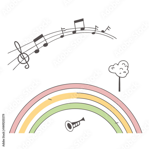 Musical Rainbow with Notes and Tree Illustration  