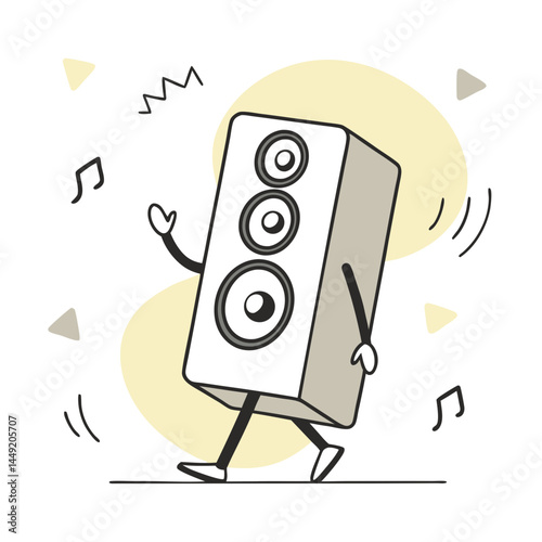 Cartoon speaker walking joyfully with musical notes in the background  