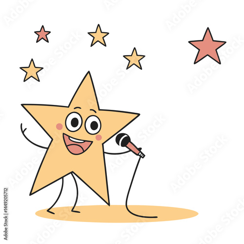 Cartoon star singing joyfully with a microphone against stars  