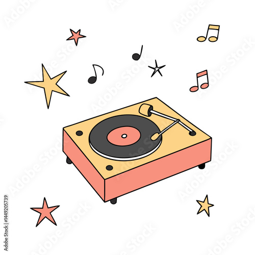 Cartoon Turntable Playing Music with Stars and Notes  