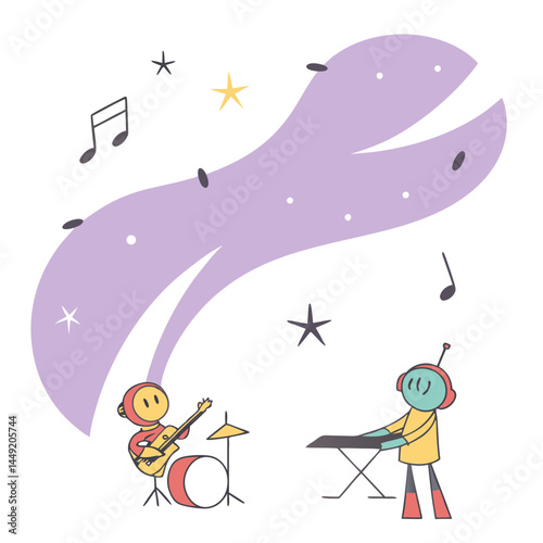 Cartoon characters playing music in a whimsical space setting  