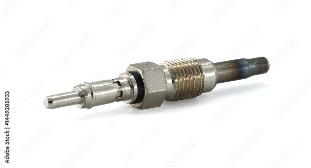 Close-Up of Automotive Glow Plug Component on White Background Close-Up of Automotive Glow Plug Component on White Background