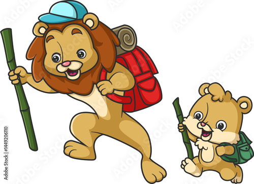 Lion traveler hiker travels with camping rucksack and mat. Happy lion backpacker ready for adventure.