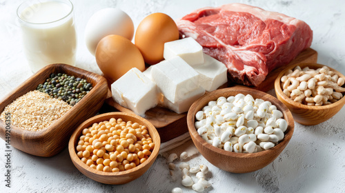 Variety of protein sources arranged on a white surface.  Eggs, milk, tofu, beef, beans, and grains are displayed