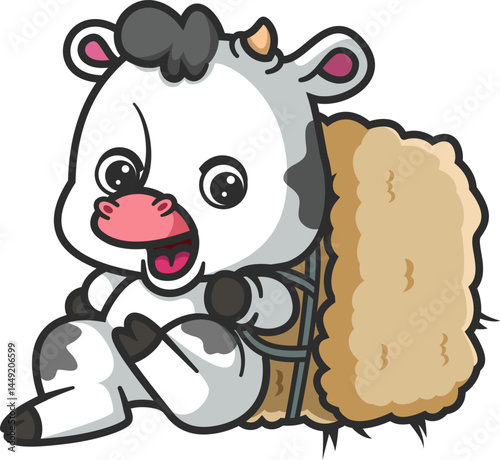 a small cow running and carrying hay bale