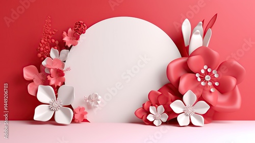 White and Red Paper Flowers on Pink and Red Background