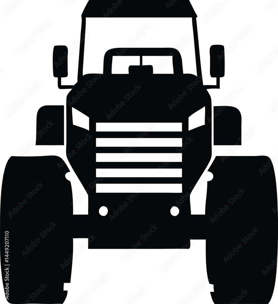 Obraz premium Isolated tractor facing forward showcases its large tires and detailed grill in black silhouette