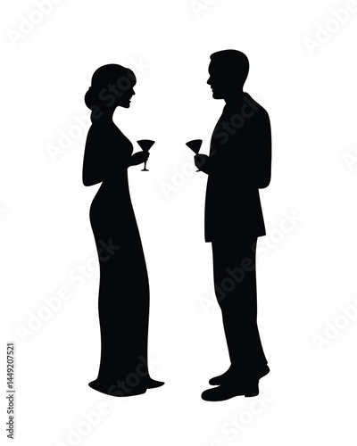 Silhouette of couple holding cocktails at a formal cocktail party