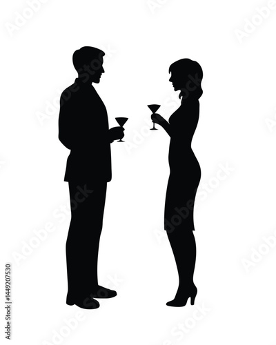 Silhouette of couple holding cocktails at a formal cocktail party