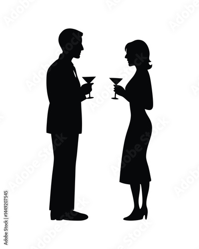 Silhouette of couple holding cocktails at a formal cocktail party
