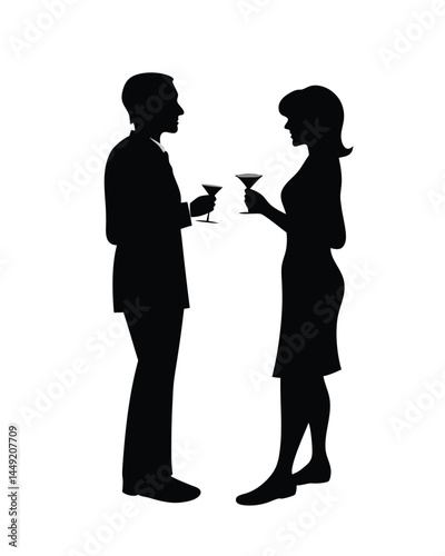 Silhouette of couple holding cocktails at a formal cocktail party