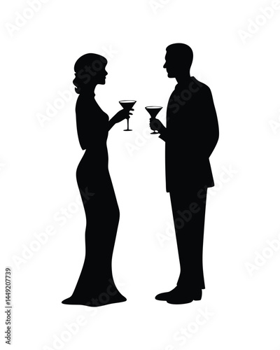 Silhouette of couple holding cocktails at a formal cocktail party