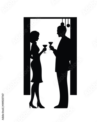 Silhouette of couple holding cocktails at a formal cocktail party