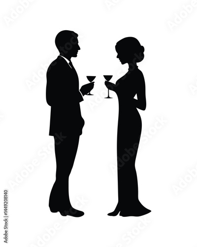 Silhouette of couple holding cocktails at a formal cocktail party