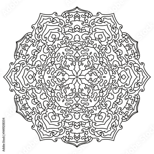 Unique floral mandala illustration in clean black lines | ideal for adult coloring books, tattoo ideas, and ornamental decorative art
