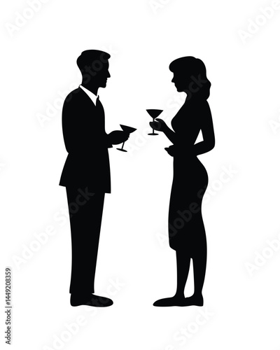 Silhouette of couple holding cocktails at a formal cocktail party
