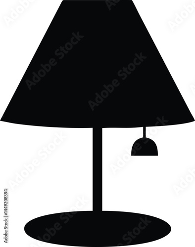 Minimalist silhouette reveals an elegant black table lamp with a pull chain on white