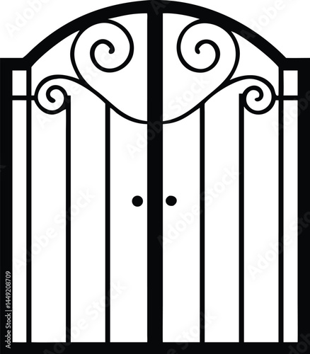 Ornate black gate features stylized curls atop its frame, offering an attractive portal