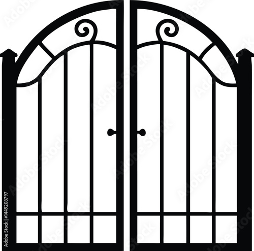 Ornate black iron gate features curved top, vertical bars, and central handles