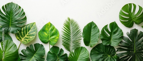 Lush Tropical Leaves on White Background - Exotic Greenery Flat Lay