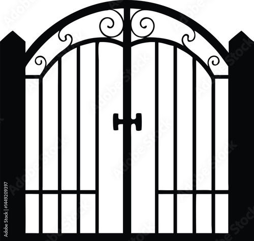Ornate wrought iron gate displays classic scrollwork and bold posts in silhouette