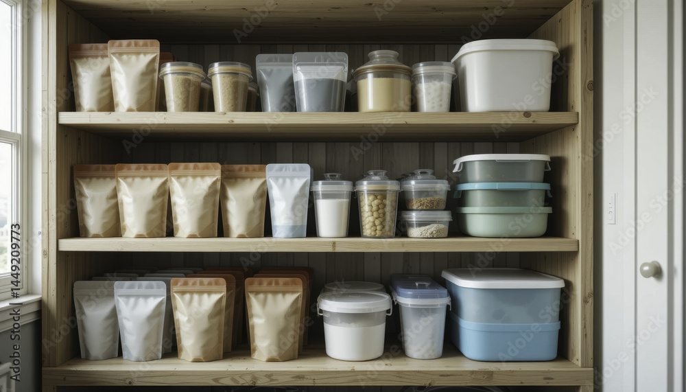 well organized pantry shelf displays various containers and jars filled with dry goods, creating neat and efficient storage solution. natural wood shelves add rustic touch well organized pantry shelf displays various containers and jars filled with dry goods, creating neat and efficient storage solution. natural wood shelves add rustic touch
